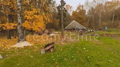 秋天的俄罗斯村庄。 多云天气和低空射击。 空中<strong>小视</strong>野。